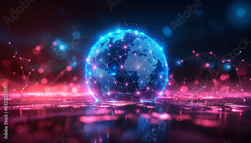 A futuristic  glowing digital globe connected by network lines  showcasing the concept of global communication and technology.
