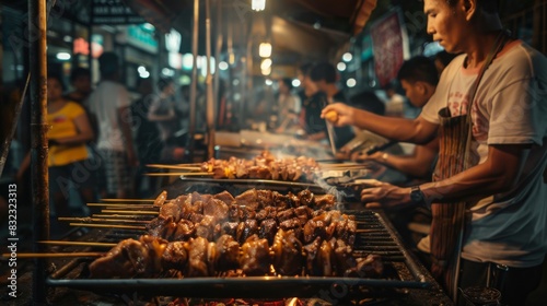 A street food vendor grilling pork neck skewers over charcoal, with customers waiting eagerly in line