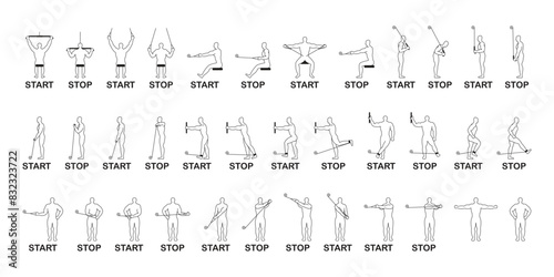 A set of icons for a gym, sports exercises for a universal multifunctional simulator, line drawings of a person doing sports.