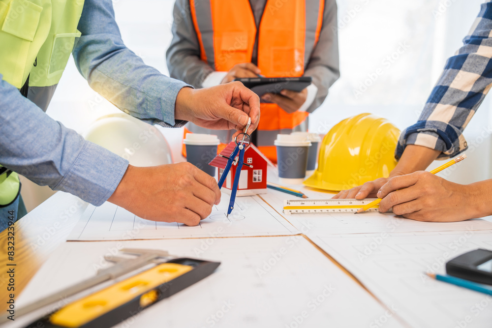 An architect engineer meeting is taking place at a desk covered with blueprints. They are discussing plans for a house, an apartment, and a condo, focusing on design and renovation strategies. An architect engineer meeting is taking place at a desk covered with blueprints. They are discussing plans for a house, an apartment, and a condo, focusing on design and renovation strategies.