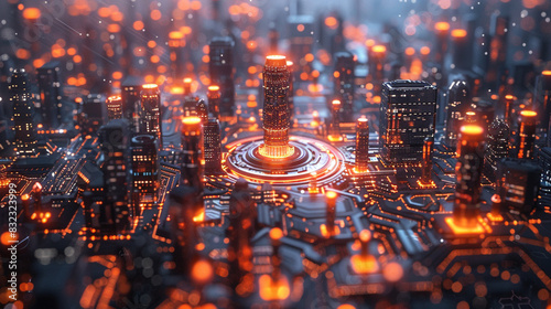 Smart city infrastructure with holographic overlays  modern design  cool tones  hightech  3D rendering