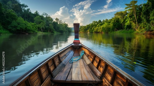 Traditional Wooden Boat Navigating Serene Thai River Landscape photo