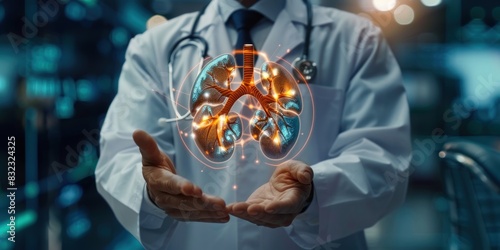 a doctor holding a digital hologram of a kidney 
