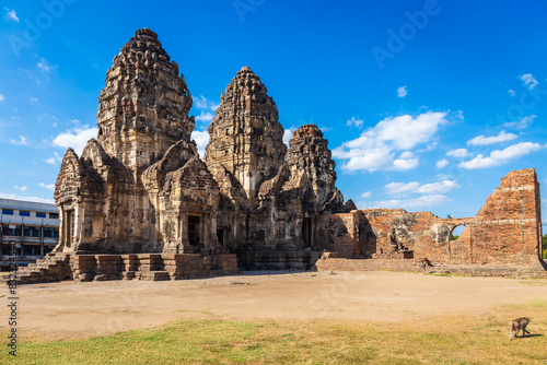 Phra Prang Sam Yot temple with monkey, ancient architecture in Lopburi, Thailand