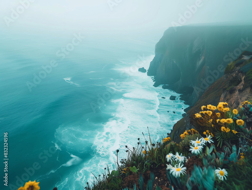 Breathtaking coastal cliff view with wildflowers and misty ocean waves, an ethereal blend of nature's beauty and serenity. photo