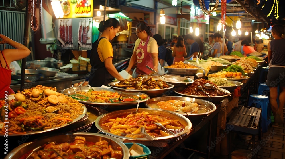 Lively Night Market with Vibrant Street Food Stalls Showcasing Authentic Thai Cuisine