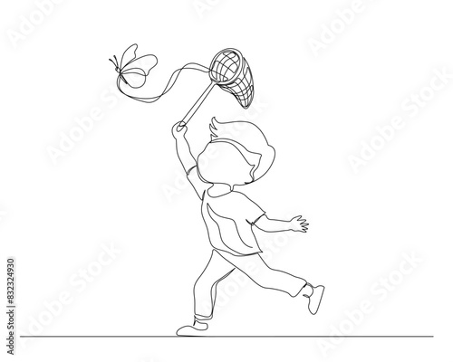Continuous one line drawing of happy cute kids boy catch butterfly. Boy holding butterfly net simple outline. Editable stroke.