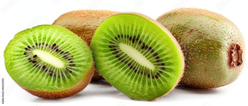 Fototapeta premium Whole kiwi with a halved one showing the vibrant green interior and seeds on a white background