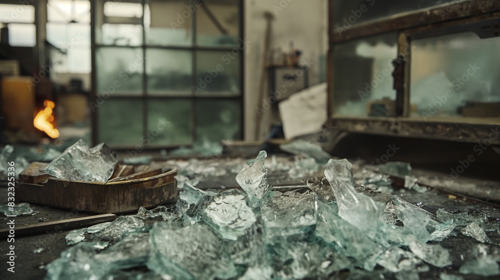 A glass recycling workshop where broken glass is melted down and reshaped into new products, emphasizing the circular economy and sustainability in material use. A glass recycling workshop where broken glass is melted down and reshaped into new products, emphasizing the circular economy and sustainability in material use.