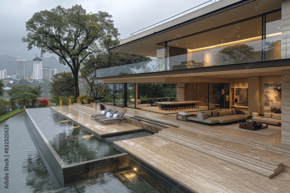 Obraz premium Contemporary luxury house with a large pool, modern architecture, and expansive outdoor spaces, perfect for upscale living and entertaining in a beautiful natural setting