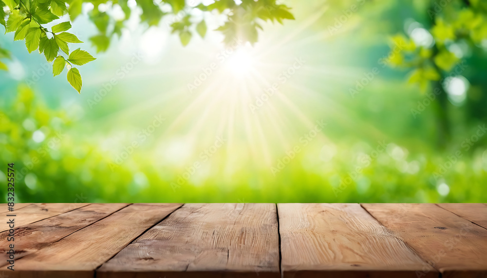 A sunlit wooden table with a backdrop of lush green leaves. Ideal for product displays, nature-themed designs, or spring promotions. A sunlit wooden table with a backdrop of lush green leaves. Ideal for product displays, nature-themed designs, or spring promotions.