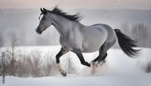 arab horse on a snow slope  hill  in winter. The horse runs at a trot in the winter on a snowy slope. The stallion is a cross between an Arabian and a trakenen breed. Gray