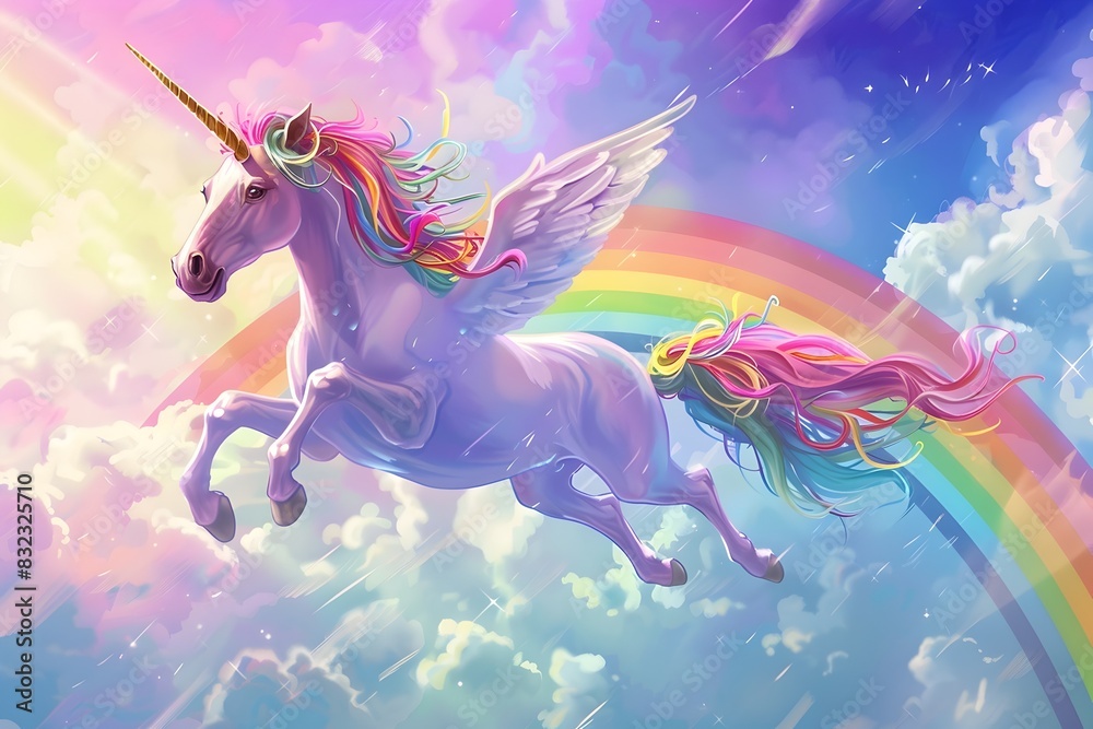 Majestic Unicorn Soaring Through Vibrant Celestial Landscape