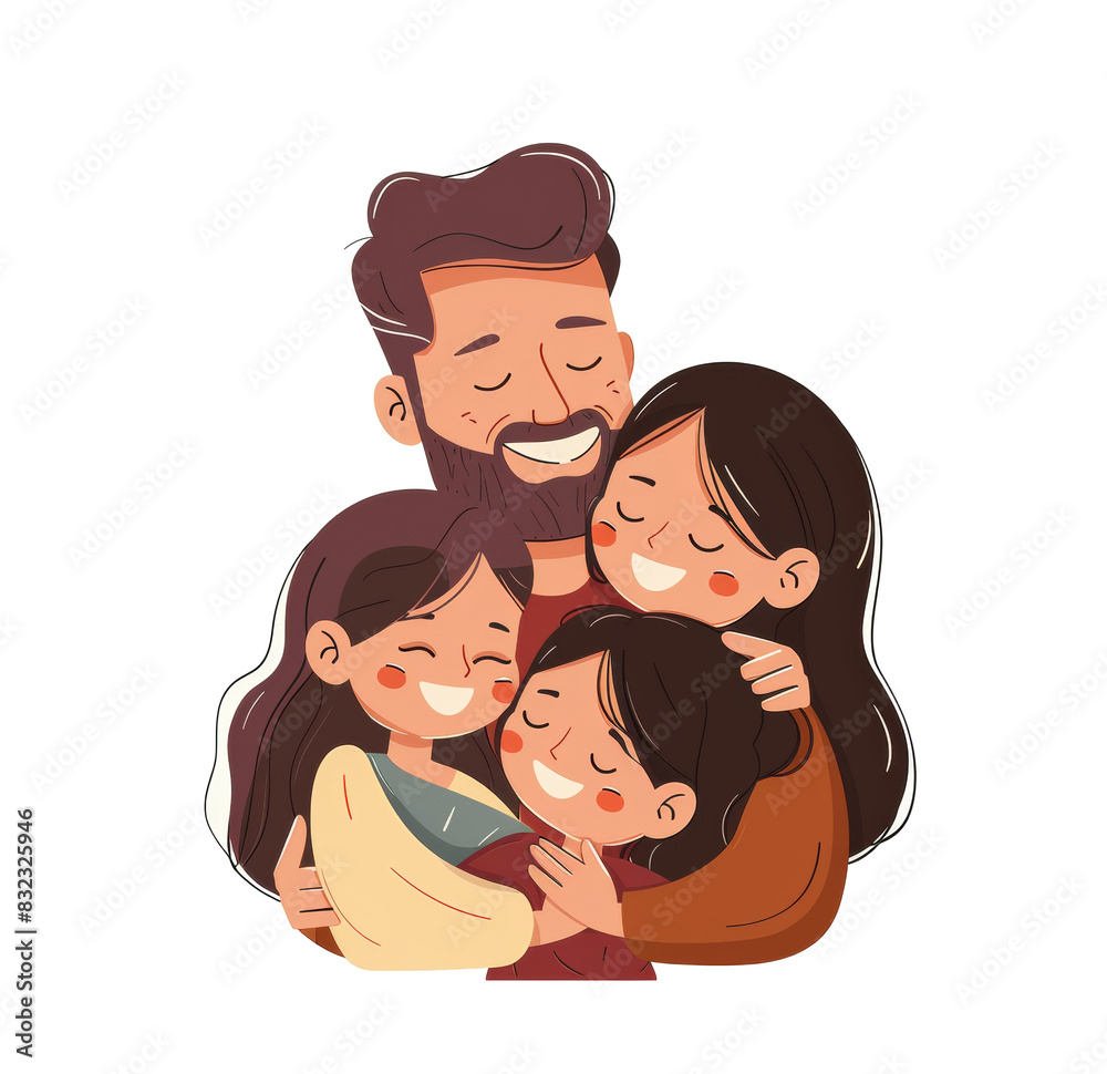 Heartfelt illustration of a family sharing a warm embrace, with all members smiling and surrounded by decorative foliage elements Heartfelt illustration of a family sharing a warm embrace, with all members smiling and surrounded by decorative foliage elements
