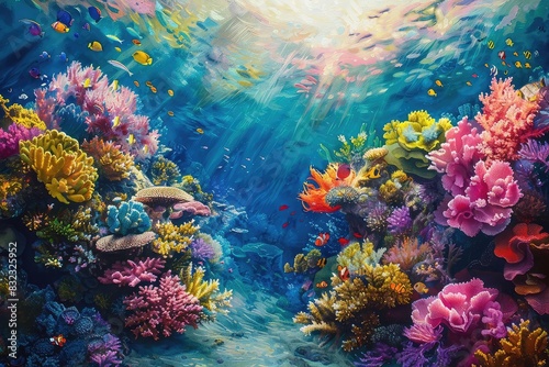 Colorful coral reef teeming with tropical fish and marine life, vibrant hues, photorealistic, serene and lively,