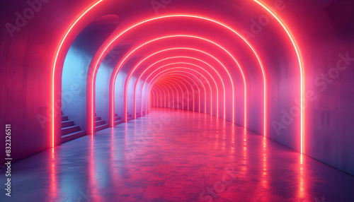 Futuristic neon-lit tunnel with vibrant pink and blue lights creating an abstract  glowing hallway in a modern architectural setting.