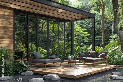 Elegant outdoor living area with stylish furniture and lush greenery, offering a tranquil retreat for relaxation and socializing in a beautiful natural environment