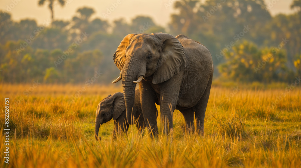 Naklejka premium Mother and Baby Elephants Roaming in the Golden Savanna at Sunset