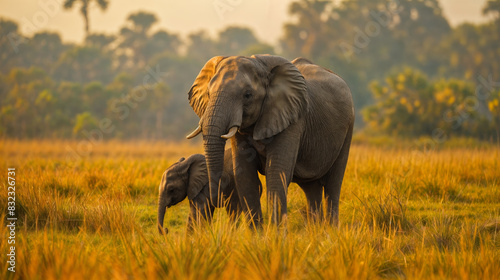 Mother and Baby Elephants Roaming in the Golden Savanna at Sunset