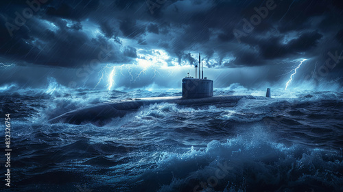 Submarine caught in tumultuous sea with fierce lightning overhead photo