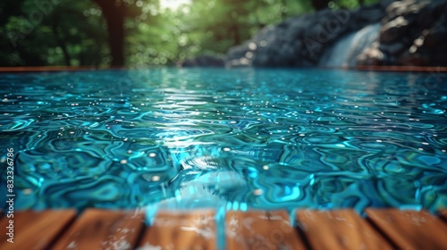 Cool, refreshing essence of summer, featuring the warm tones of a wooden sundeck contrasted with the shimmering blue and turquoise reflections of pool water, ai generated photo