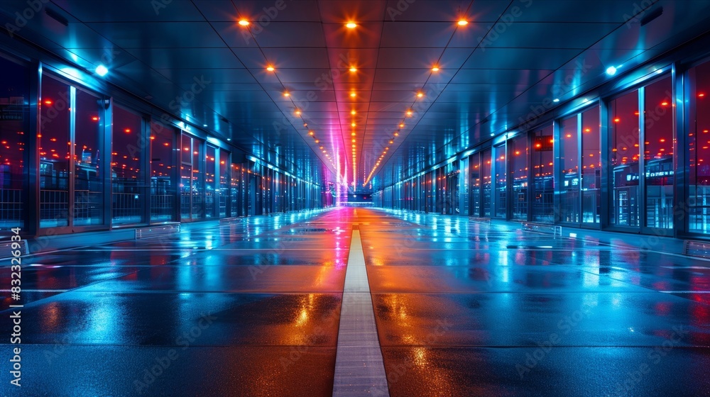 Busy airport drop-off zone illuminated with colorful lights and vivid reflections