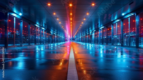 Busy airport drop-off zone illuminated with colorful lights and vivid reflections