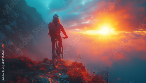 Person enjoying a stunning mountain bike ride at sunset, surrounded by colorful clouds and breathtaking landscapes. photo