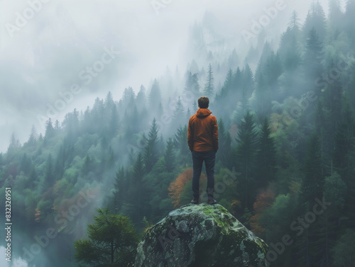 Person in an orange jacket standing on a rock  overlooking a misty forest and mountains  capturing adventure and solitude.