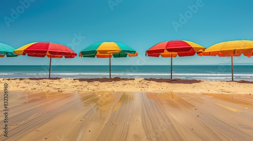 Vibrant beach umbrellas casting colorful shadows on golden sand under a clear blue sky