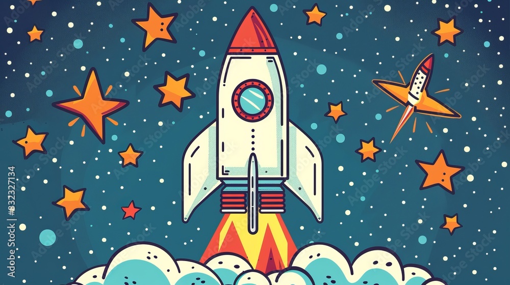 Startup launch concept. Rocket flat design Progress and Success, Innovation and Technology, New Beginnings Startup launch concept. Rocket flat design Progress and Success, Innovation and Technology, New Beginnings