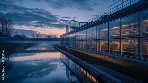 A high-tech water filtration plant at dusk, with advanced purification equipment visible through the transparent walls. 