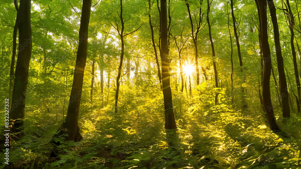 Golden sunlight streaming through the dense foliage of a forest canopy, casting dappled shadows on the forest floor