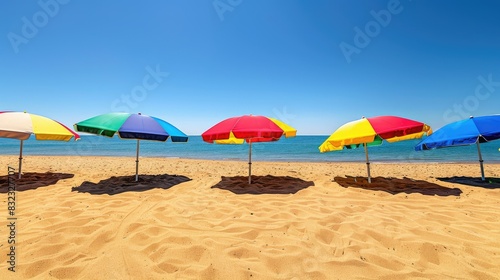 Vibrant beach umbrellas casting colorful shadows on golden sand under a clear blue sky