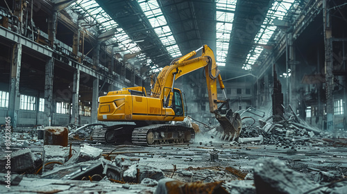 Powerful excavator clearing debris in abandoned industrial warehouse photo