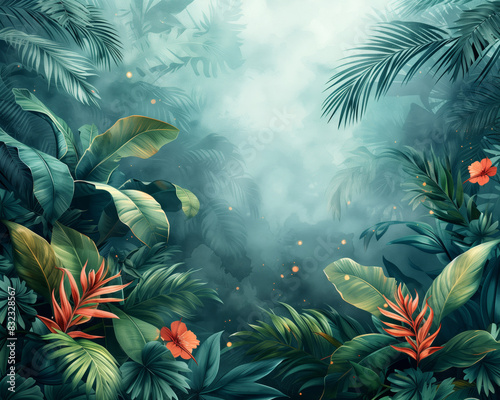 Vibrant tropical rainforest scene with lush green foliage  vivid red flowers  and mist creating a dreamy  mystical atmosphere in nature.