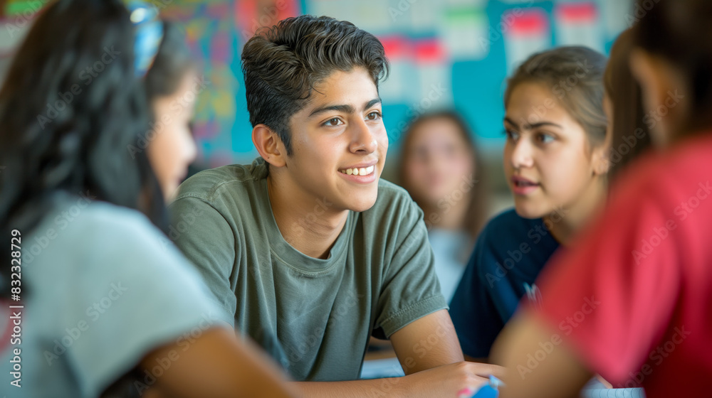A cheerful teenage boy with curly hair smiles while attending a class with others, showcasing a positive attitude A cheerful teenage boy with curly hair smiles while attending a class with others, showcasing a positive attitude