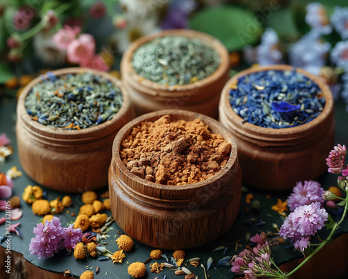 Wooden bowls filled with various colorful herbs and spices  surrounded by fresh flowers on a dark background.