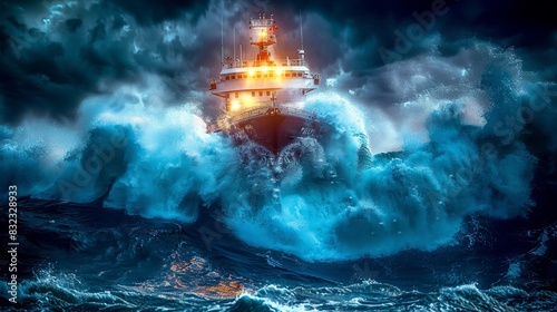 Powerful ocean waves engulfing ship highlighting nature’s raw power photo