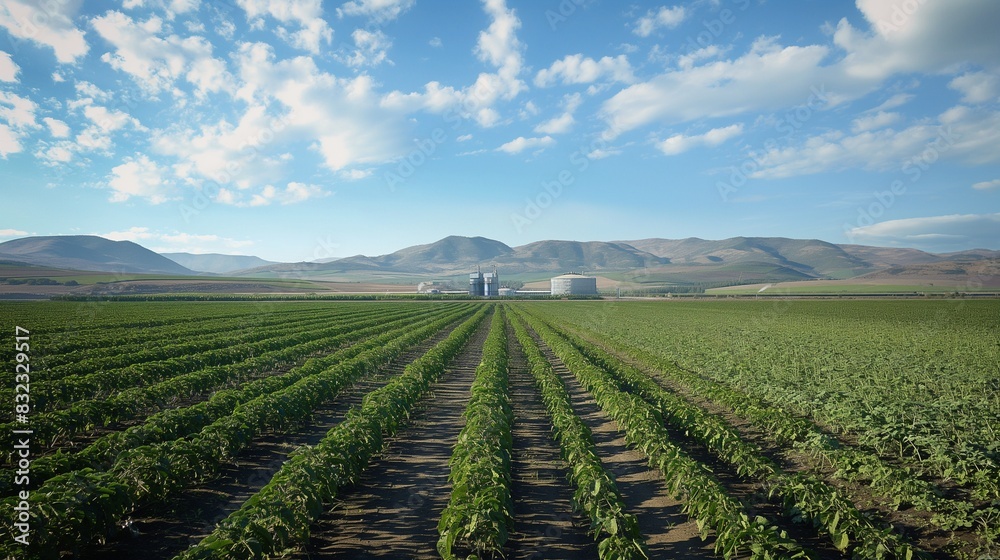 A landscape of a large-scale jatropha plantation, a source of biomass for biofuel, with the processing facility in the distance. A landscape of a large-scale jatropha plantation, a source of biomass for biofuel, with the processing facility in the distance.
