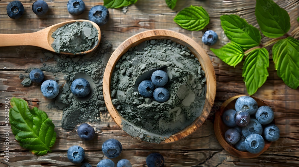 Fototapeta premium A bowl of blueberries and a spoon with some powder on it