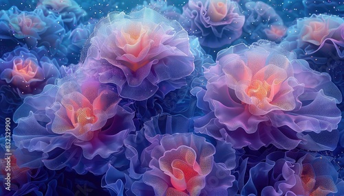 Coral formations glowing with bioluminescence, soft blues and purples, digital art, ethereal and magical, photo