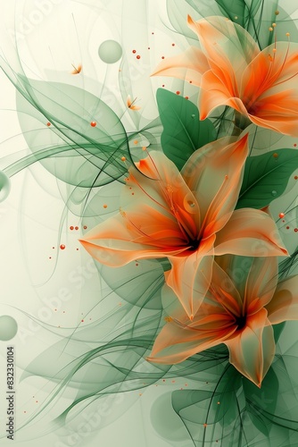 Two Orange Flowers With Green Leaves on a White Background