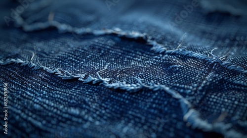 Closeup of ripped denim fabric showing texture and wear details photo