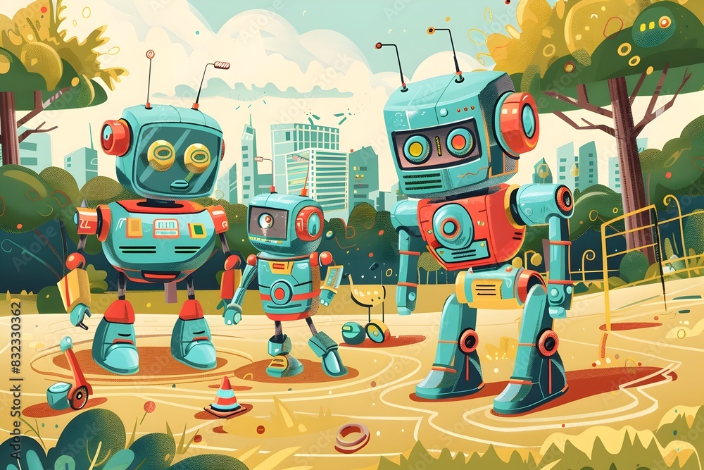 Cartoon Robots Enjoying Playful Adventure in Vibrant Park Landscape Cartoon Robots Enjoying Playful Adventure in Vibrant Park Landscape