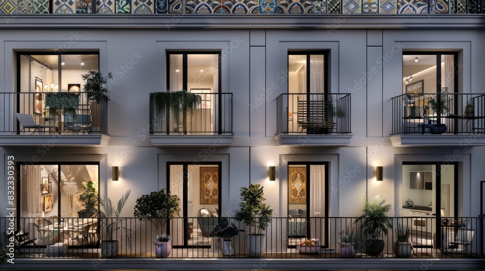 a city residence adorned with a traditional facade and ornate decorative balconies, transporting viewers to the heart of Spain's vibrant streets. a city residence adorned with a traditional facade and ornate decorative balconies, transporting viewers to the heart of Spain's vibrant streets.