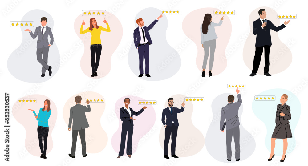 Business people leave five star rating and service satisfaction feedback. Different men and women in formal suit give a review rating and feedback. Vector Illustration on transparent background.