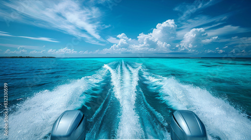 Twin boat engines creating water trails in clear blue ocean under bright sky photo