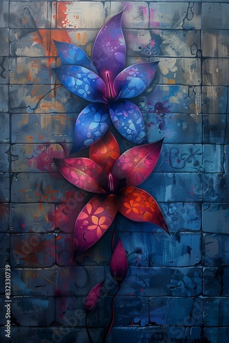 Elegant Floral Painting on Brick Wall
