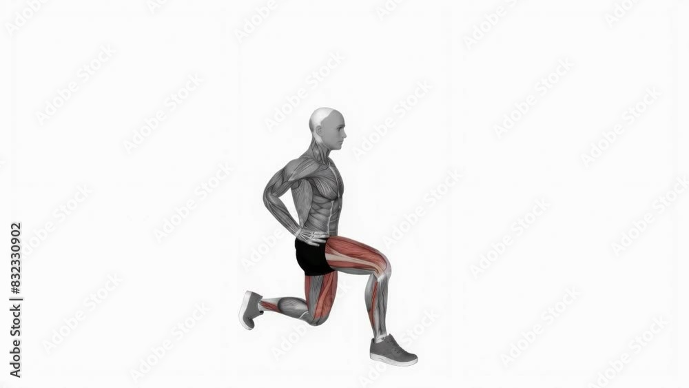 3D illustration animation of a fitness male model doing the bodyweight pulse forward lunge workout 3D illustration animation of a fitness male model doing the bodyweight pulse forward lunge workout